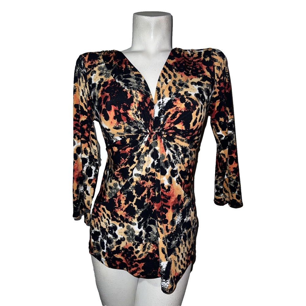 Chaus Womens Small Leopard Print Twist Front V-Neck 3/4 Sleeve Jersey Top Orange